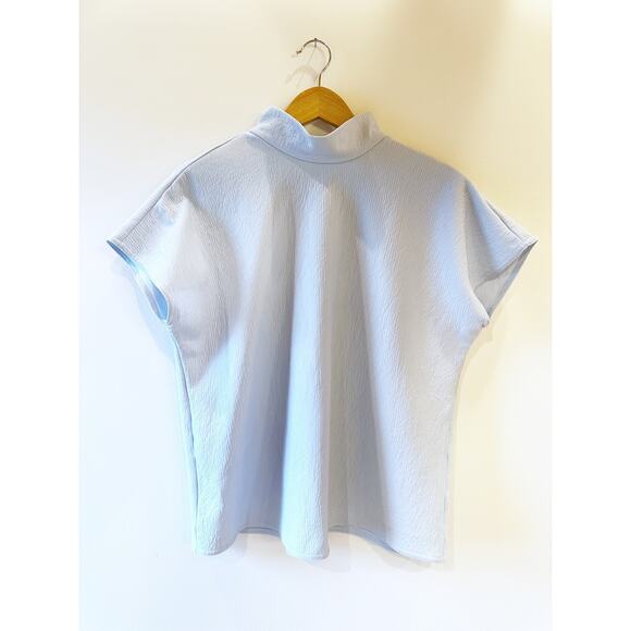Vintage High Neck Light Blue Key Hole Button Back Boxy Short Sleeve Top Large - Picture 1 of 8